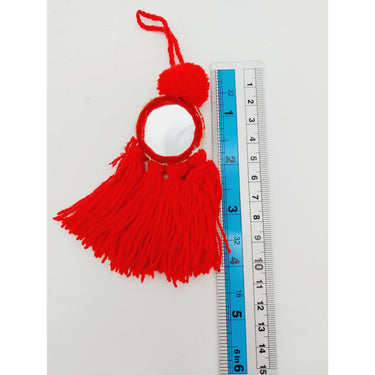 Mirrored Red Wool Tassels, Red Pompom Mirror Tassel, Handmade Latkan Boho